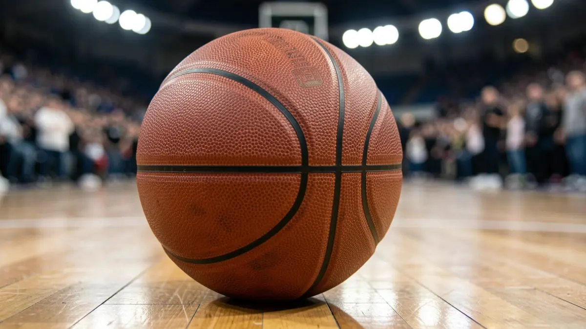 Imaxe xenérica dunha pelota de baloncesto sobre unha cancha de madeira.