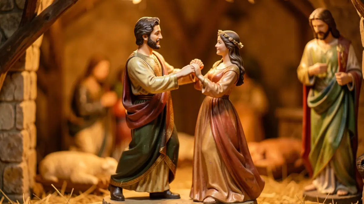Imagen de una figura del Belén de Valga que representa a una pareja bailando.