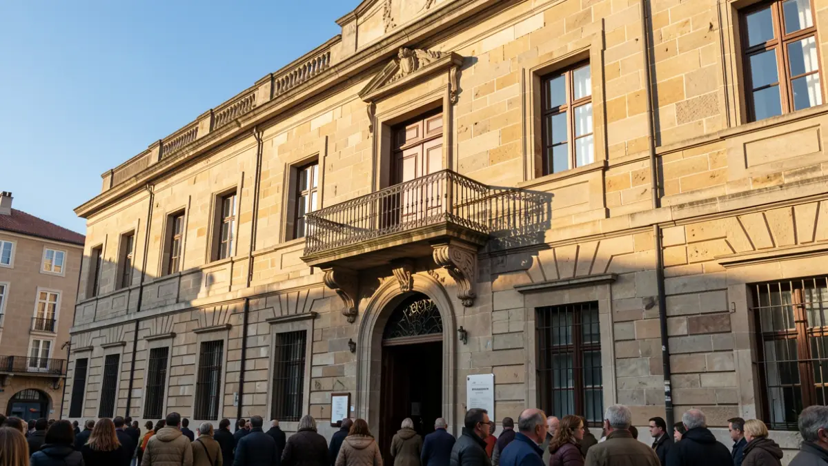 Imaxe xenérica dun concello de pedra galego con balcón ornamentado e raís de ferro, luz solar cálida da tarde.