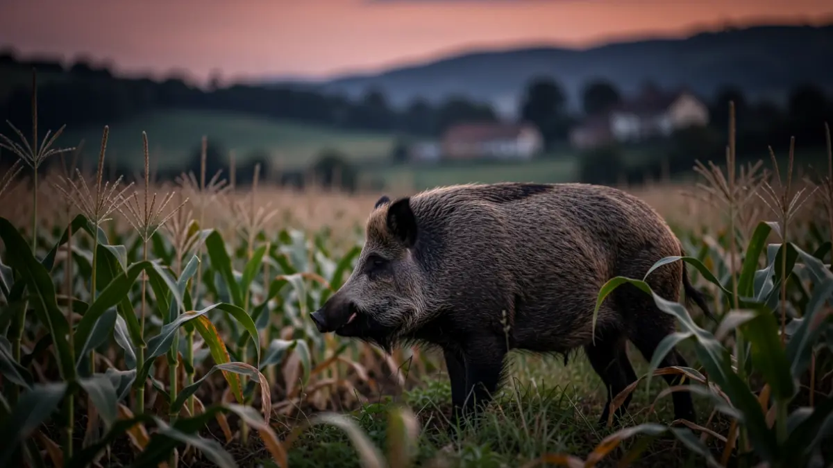 Imagen genérica de un jabalí en un campo de maíz al atardecer.