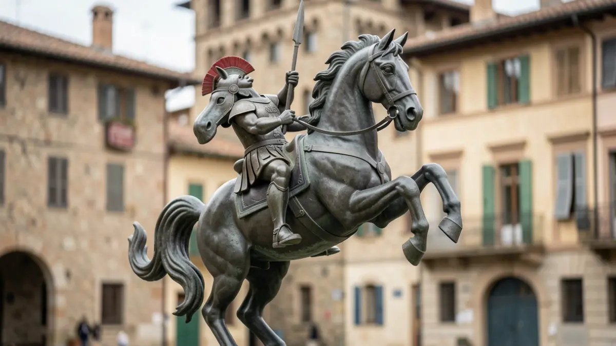 Imagen de una escultura surrealista de un caballo rampante con un legionario romano encima, en el contexto del Arde Lucus.