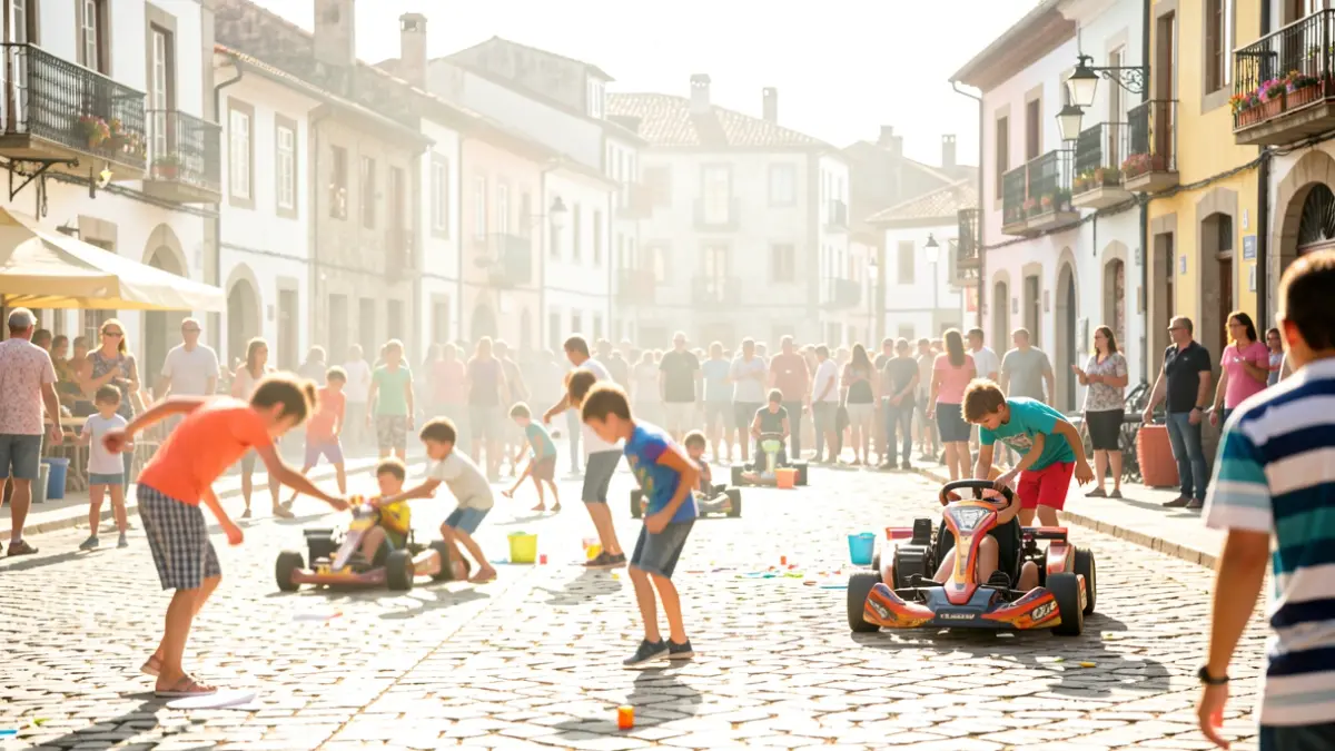Imagen genérica de una plaza de Galicia con niños participando en actividades de verano bajo un sol intenso.