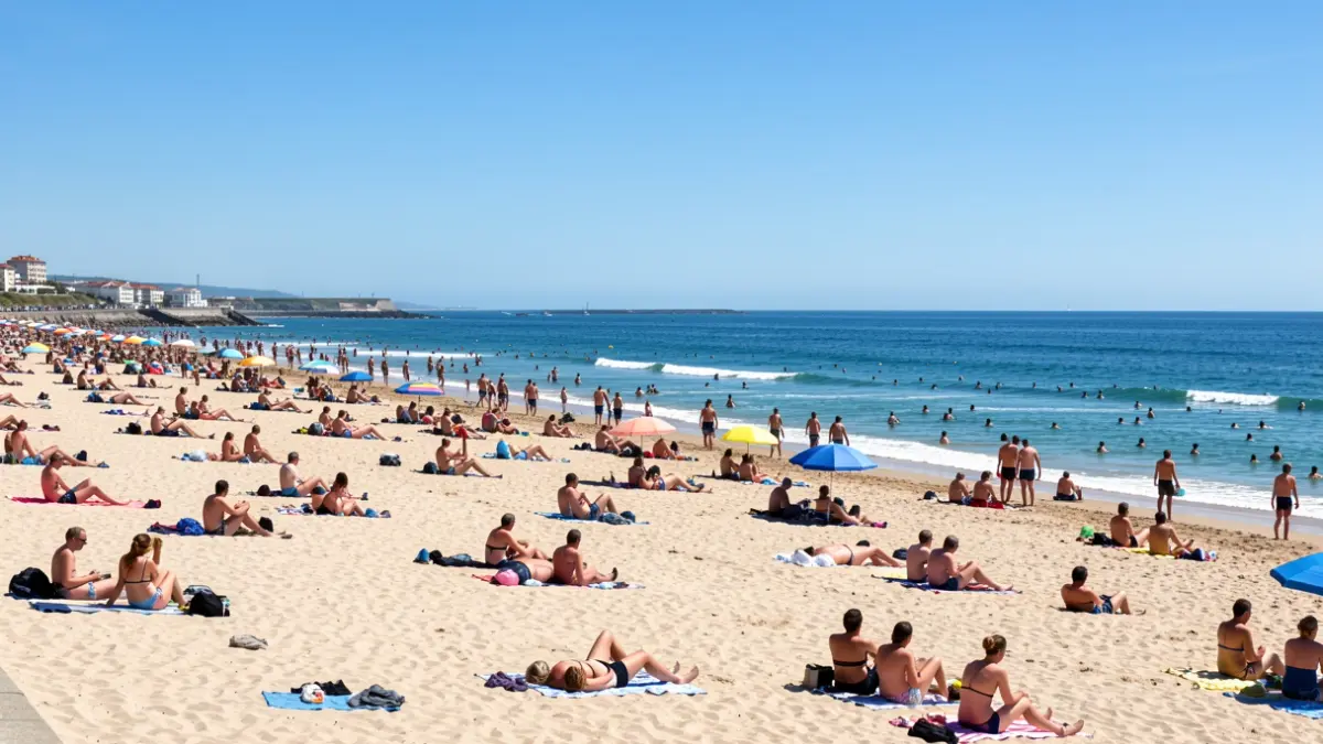 Imaxe xenérica dunha praia concorrida en Vigo con xente tomando o sol e bañándose.