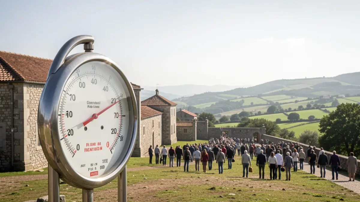 Imagen genérica de un termómetro con una temperatura muy alta en un paisaje gallego soleado.