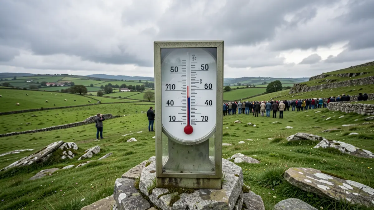 Imagen genérica de termómetro marcando alta temperatura en un paisaje gallego con detalles de piedra granítica y cielo nublado.