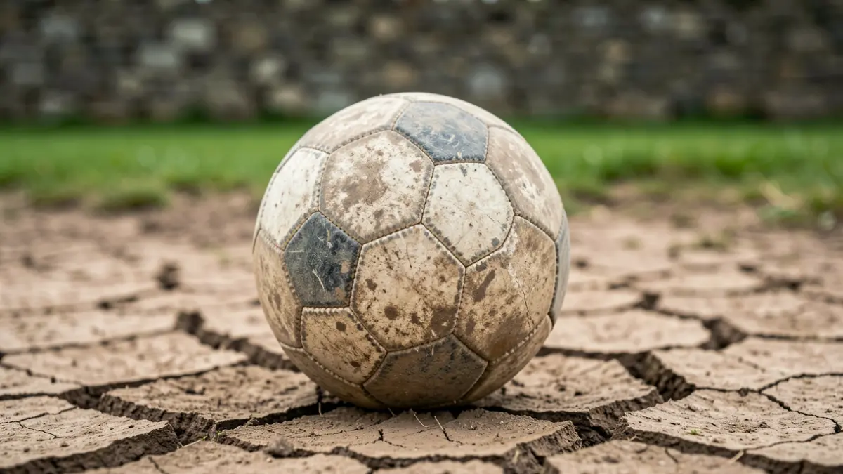 Imagen de un viejo balón de fútbol sobre tierra seca, con una pared de piedra al fondo.