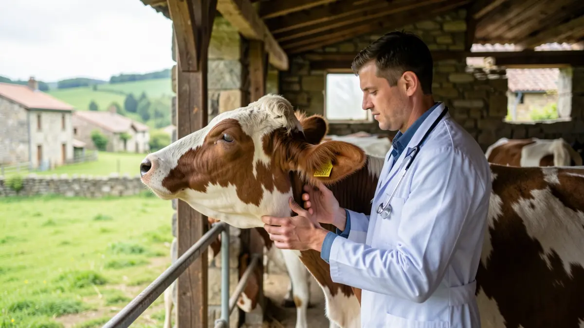 Imaxe xenérica dun veterinario rural en Galicia examinando un animal nunha granxa.