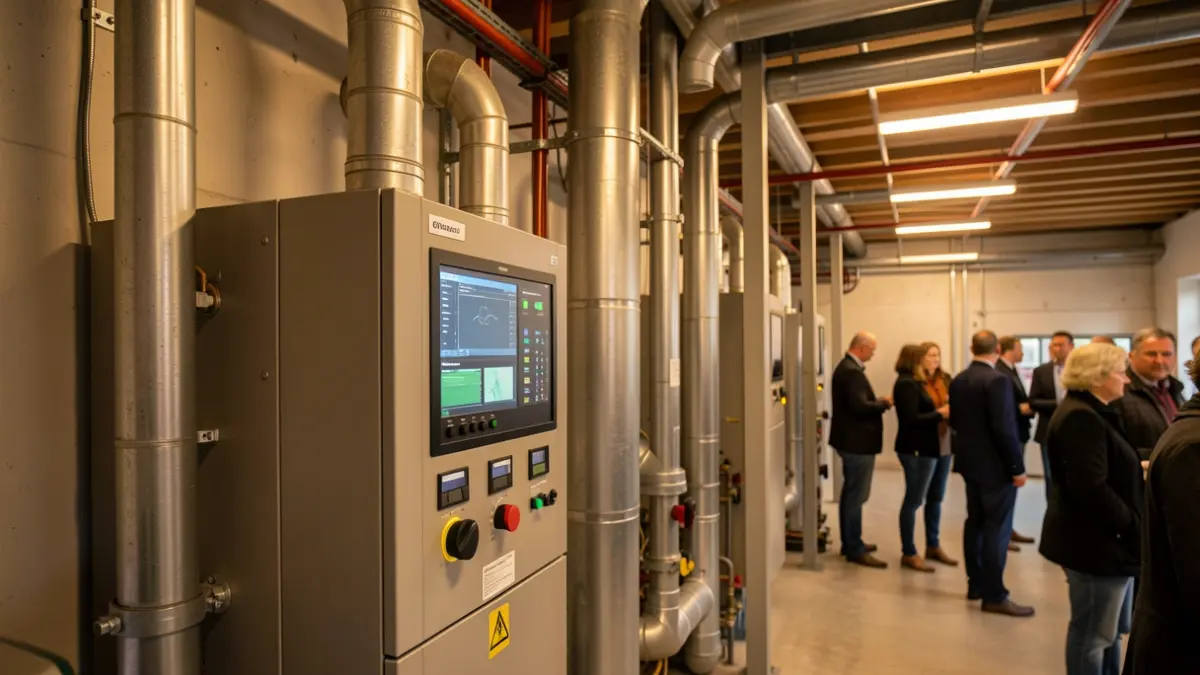 Imagen de una sala de calderas de biomasa moderna con tuberías y paneles de control.