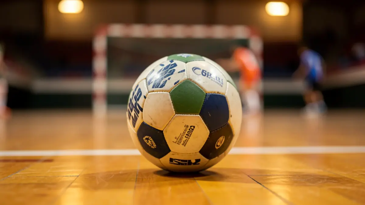 Imaxe xenérica dun balón de balonmán sobre unha pista deportiva.