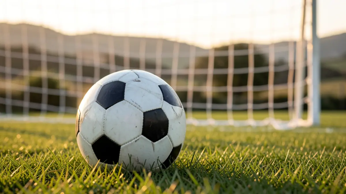 Imaxe xenérica dun balón de fútbol sobre herba cunha portería desenfocada ao fondo.