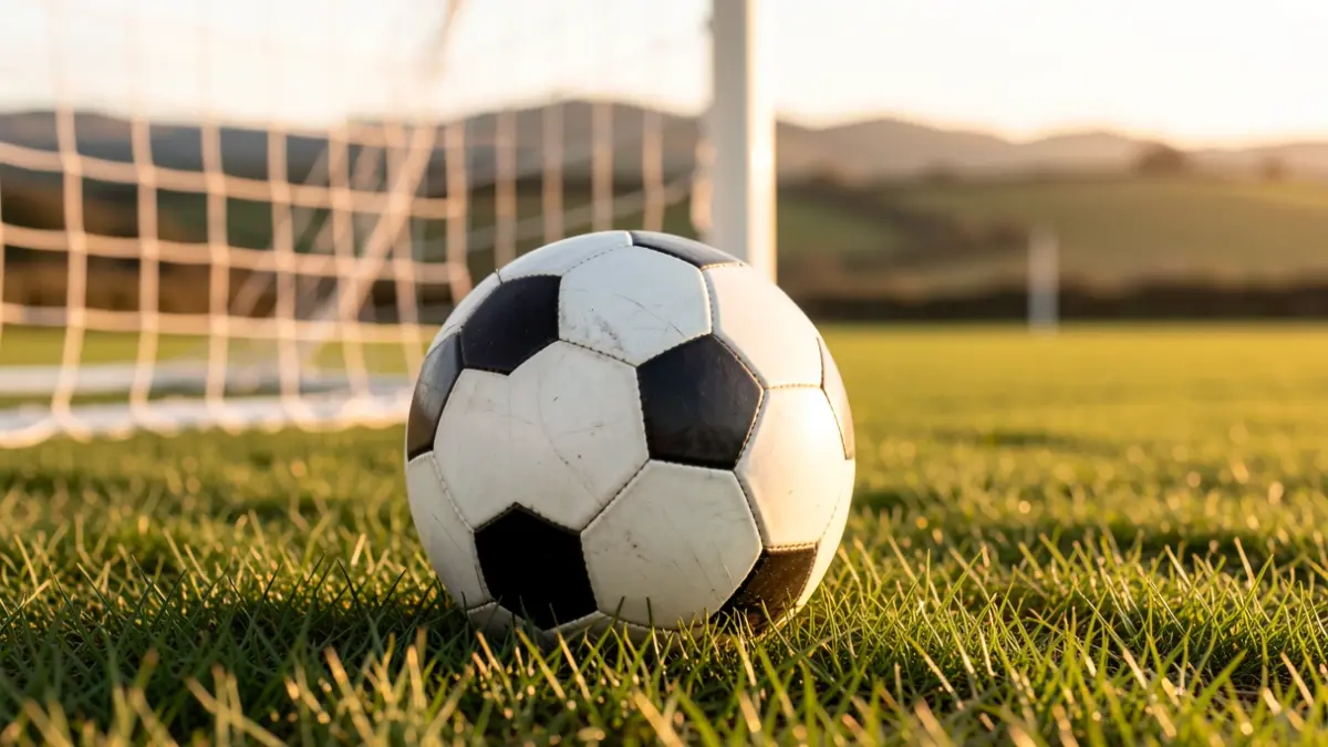 Imagen genérica de un balón de fútbol sobre césped con una portería desenfocada.