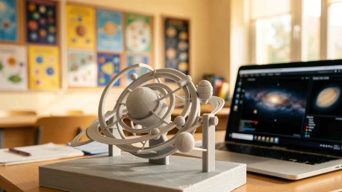 Primer plano de un modelo táctil 3D del sistema solar, con fondo de aula y pósteres educativos.