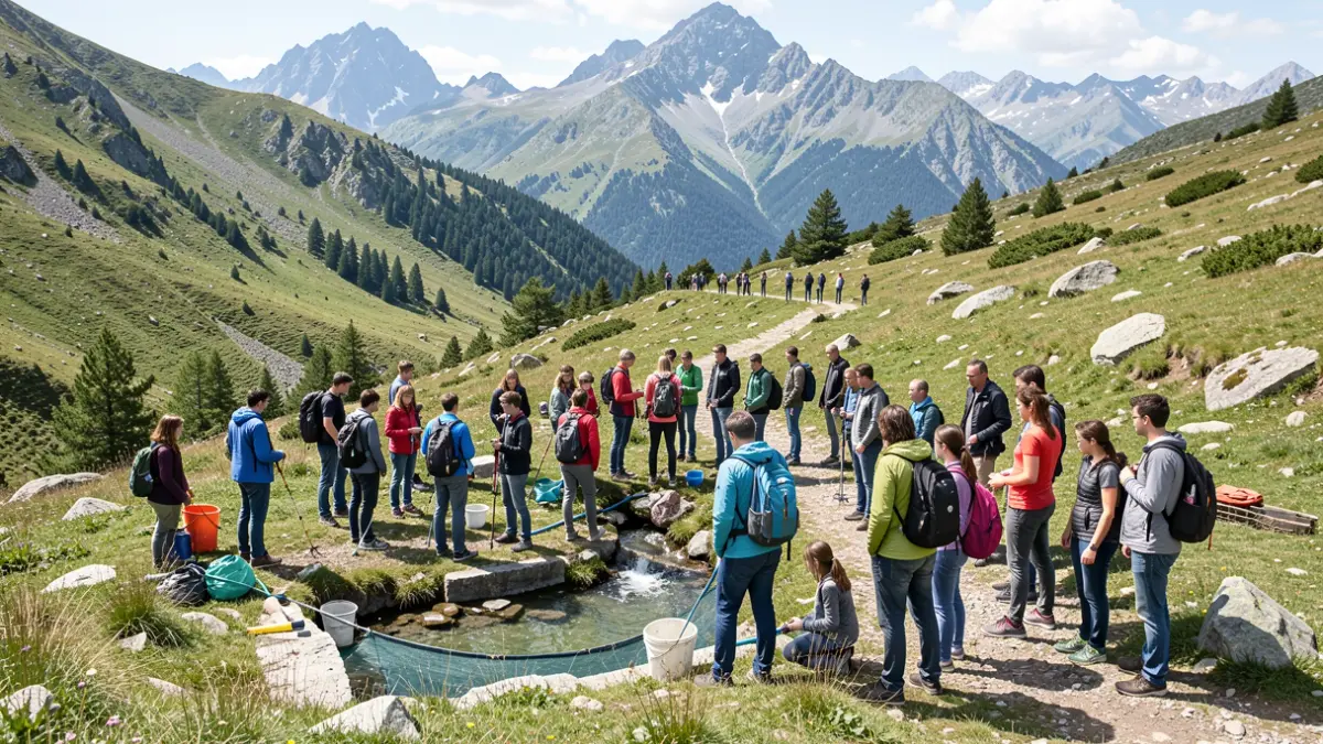 Imagen genérica de estudiantes y profesores en un entorno natural de montaña participando en una actividad educativa sobre el agua.