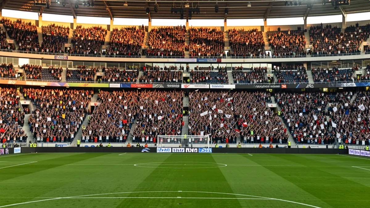 Imaxe xenérica dun estadio de fútbol cheo de afeccionados.