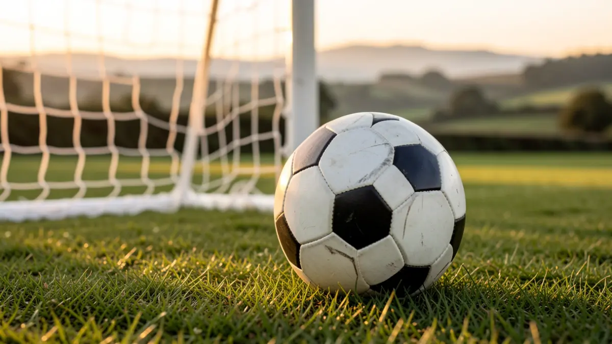 Imagen genérica de un balón de fútbol sobre hierba con una red borrosa al fondo.