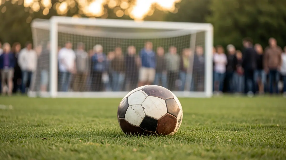 Imaxe xenérica dun balón de fútbol sobre herba cunha rede de portería desenfocada.