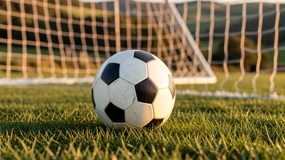Imaxe xenérica dun balón de fútbol sobre herba cunha portería desenfocada ao fondo.