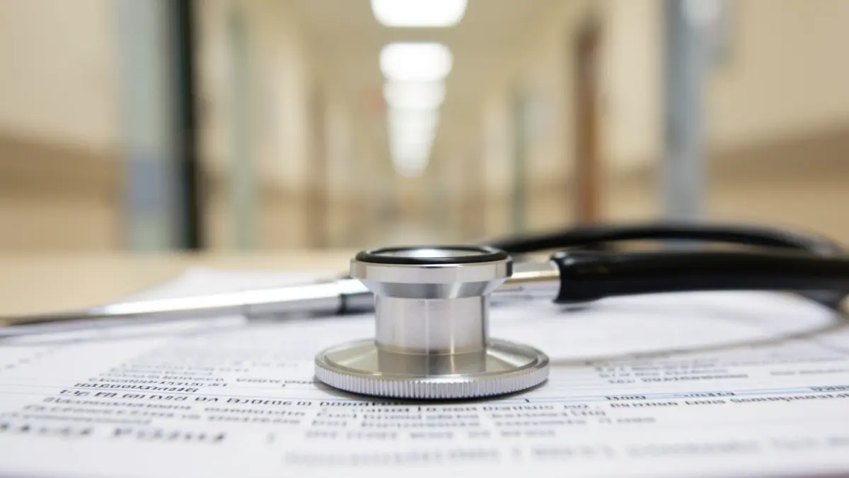 Imaxe xenérica dun estetoscopio sobre un informe médico nun hospital.