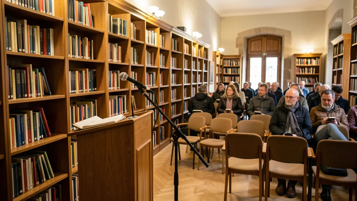 Imaxe xenérica dunha biblioteca con libros e un atril.