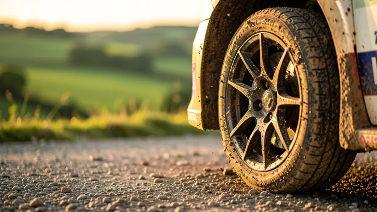 Imaxe xenérica dun coche de rally con barro e paisaxe galega ao fondo.