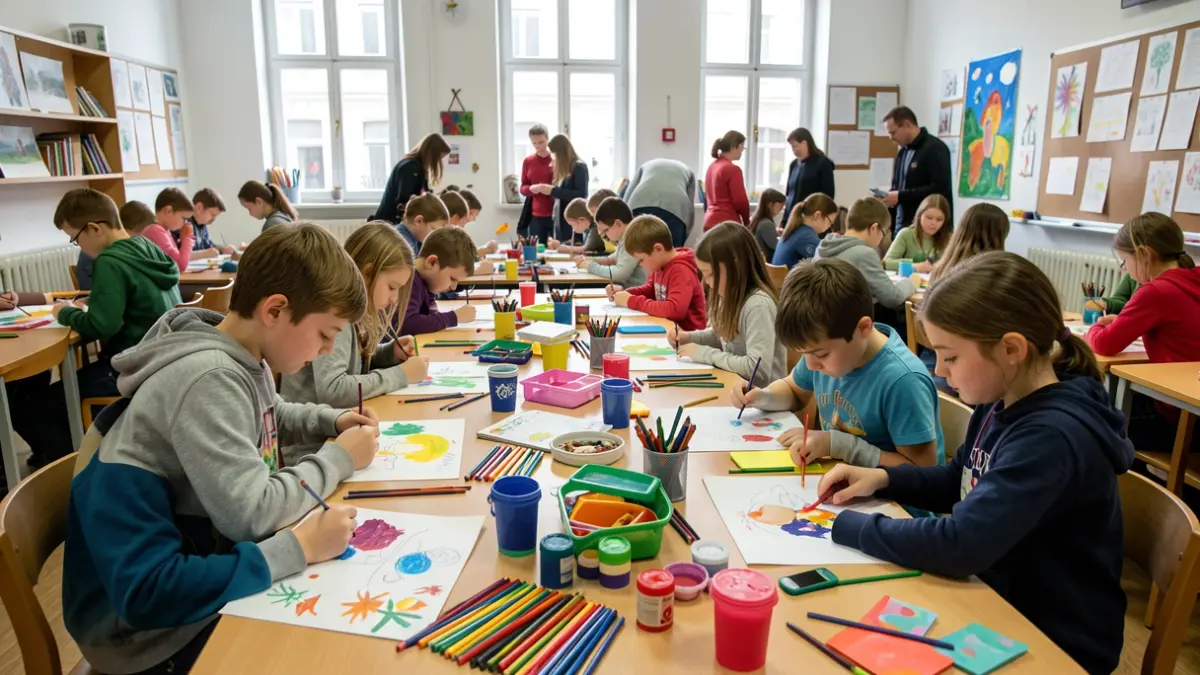 Imaxe xenérica de nenos nunha aula participando nunha actividade creativa.