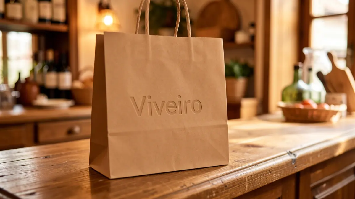 Imaxe xenérica de bolsa de compra cun texto 'Viveiro' en relevo sobre un mostrador de madeira.