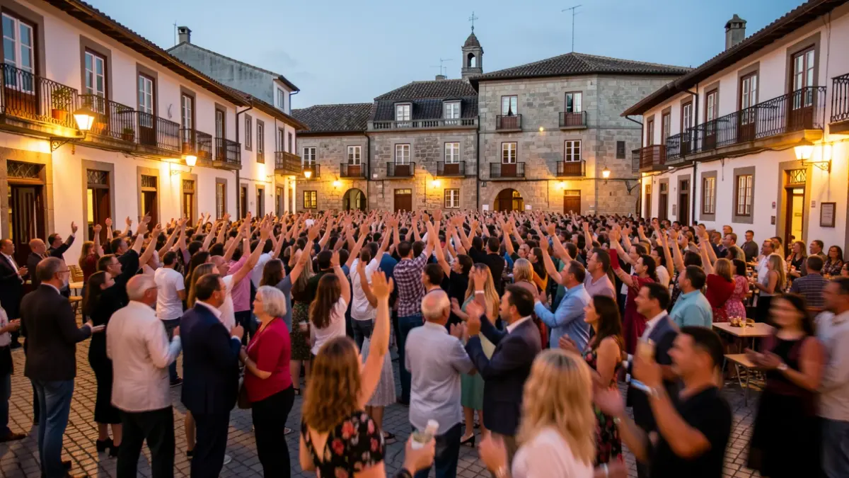 Imaxe xenérica dunha multitude celebrando nunha praza ao anoitecer.