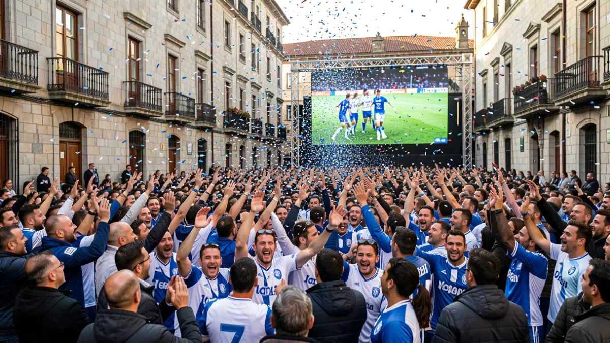 Imaxe xenérica de afeccionados celebrando un ascenso de fútbol en Santiago.