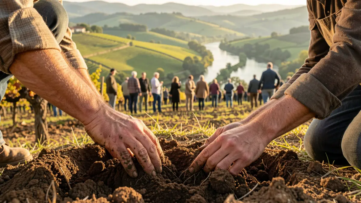Manos trabajando la tierra en una viña de la Ribeira Sacra.