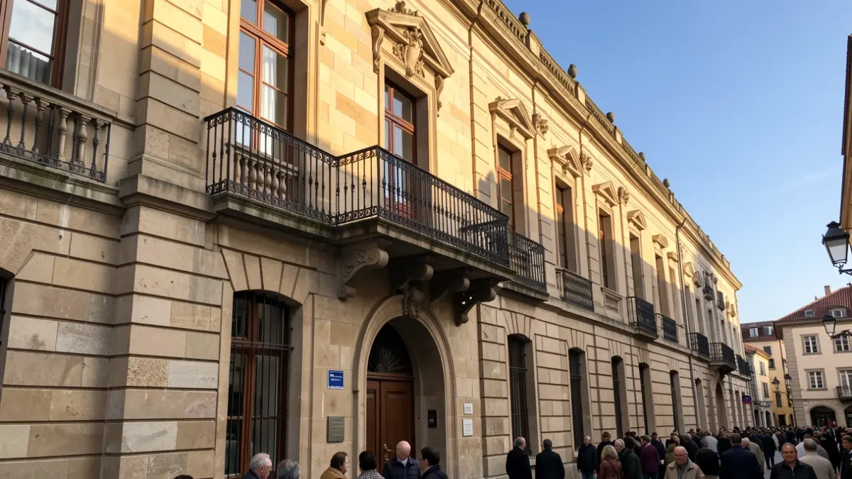 Imaxe xenérica dun concello de pedra con balcón ornamentado e raís de ferro, luz solar cálida da tarde proxectando sombras nas paredes de arenito, ceo azul.