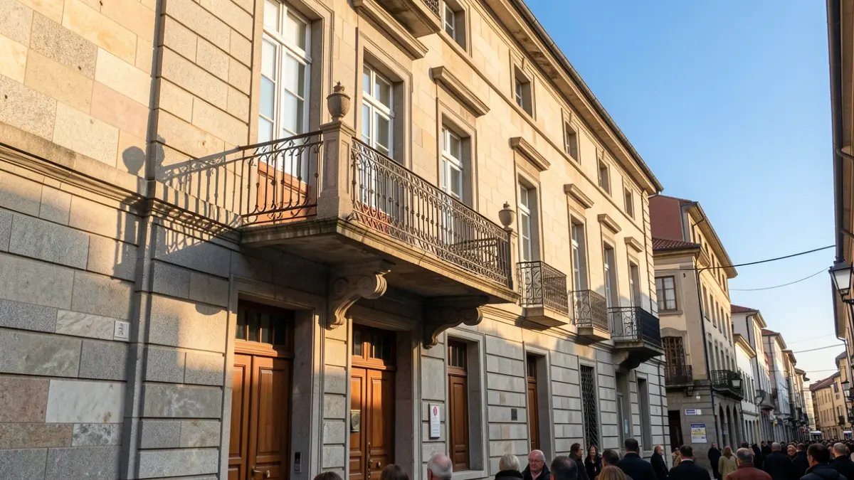 Imagen genérica de un ayuntamiento gallego de granito con balcón ornamentado.