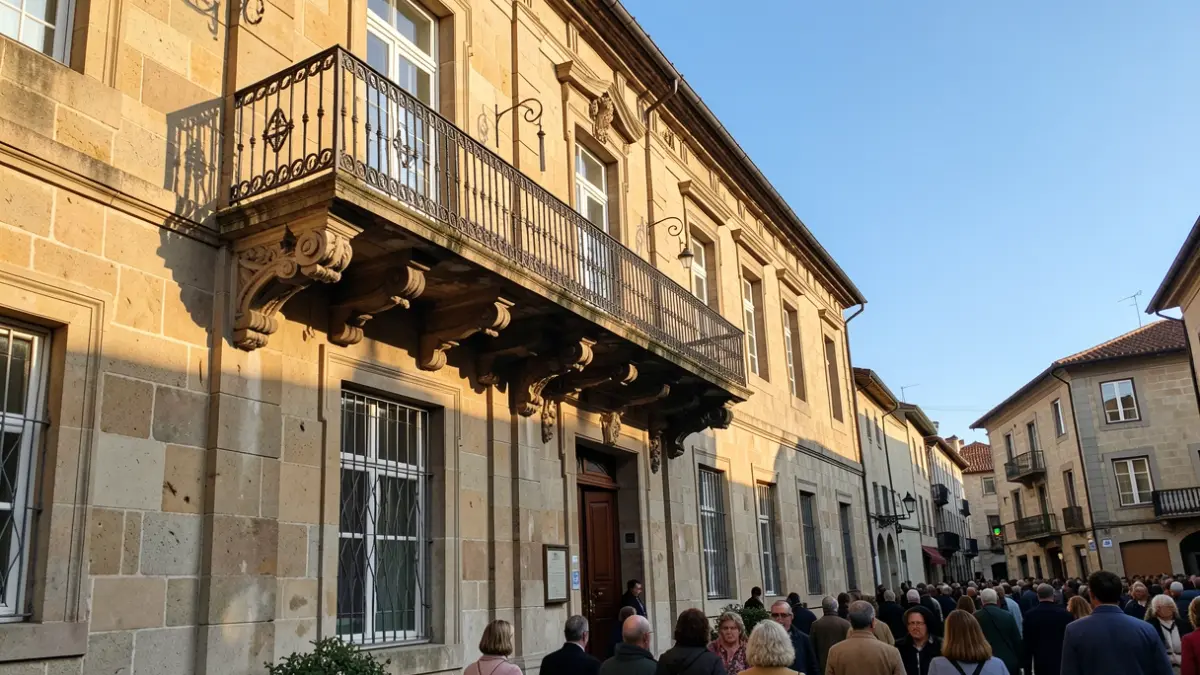 Imagen genérica de un ayuntamiento gallego de piedra con balcón ornamentado.