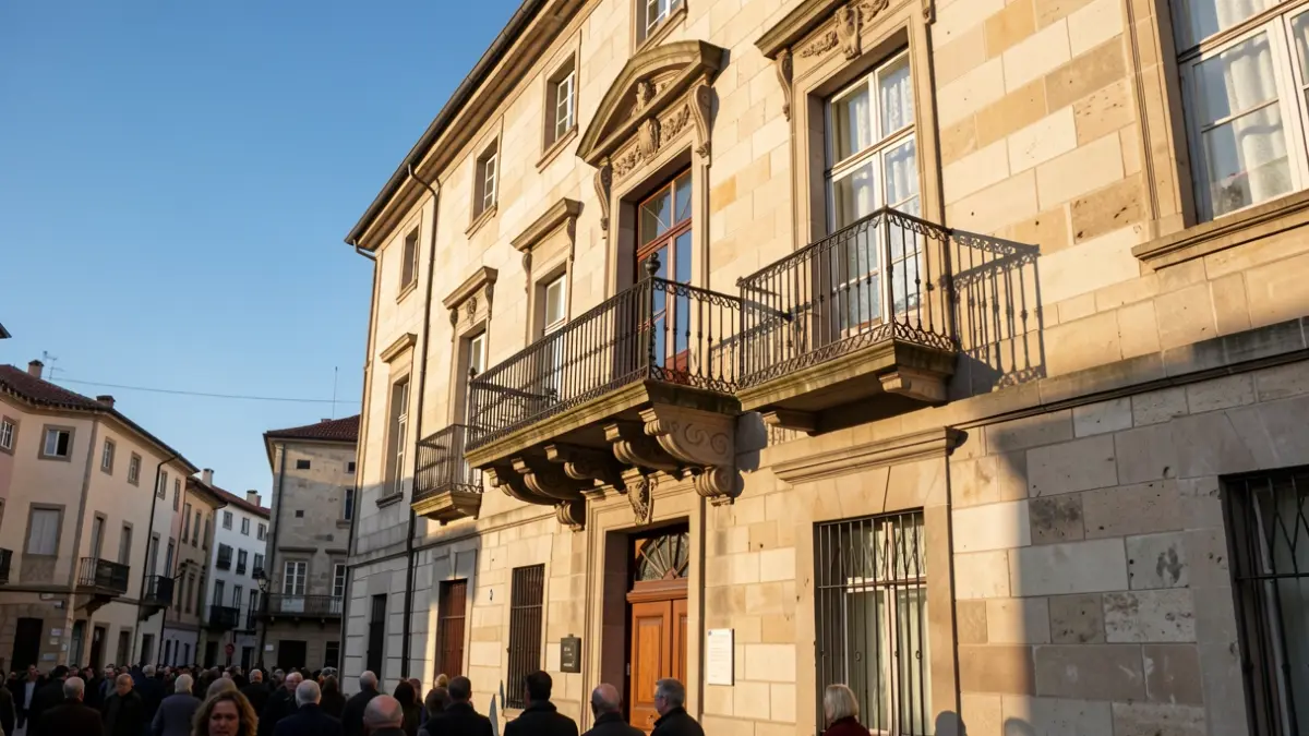 Fachada de granito de un ayuntamiento gallego con balcón ornamentado y barandillas de hierro, cálida luz solar de la tarde proyectando sombras en las paredes de arenisca, cielo azul, estilo fotografía documental.