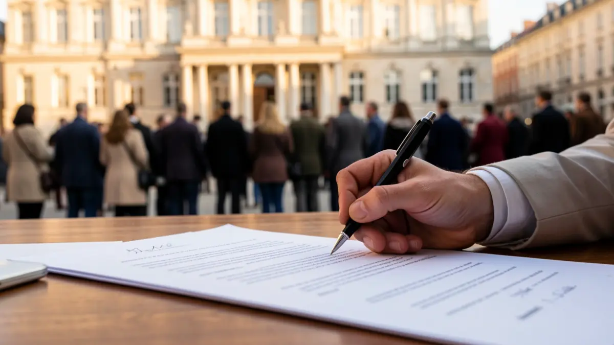 Primer plano de una mano firmando un documento sobre un escritorio de madera, con la fachada del ayuntamiento borrosa al fondo, luz de tarde cálida, estilo documental.