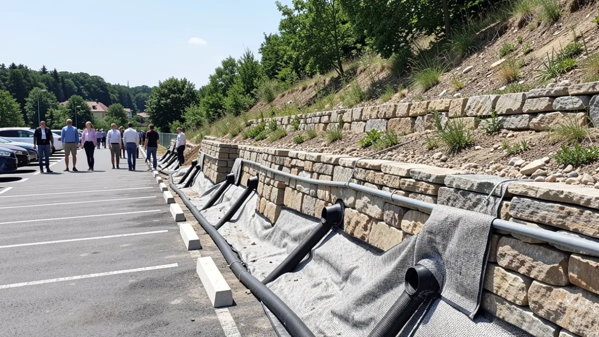 Imaxe dun muro de contención de pedra en construción nun aparcadoiro.