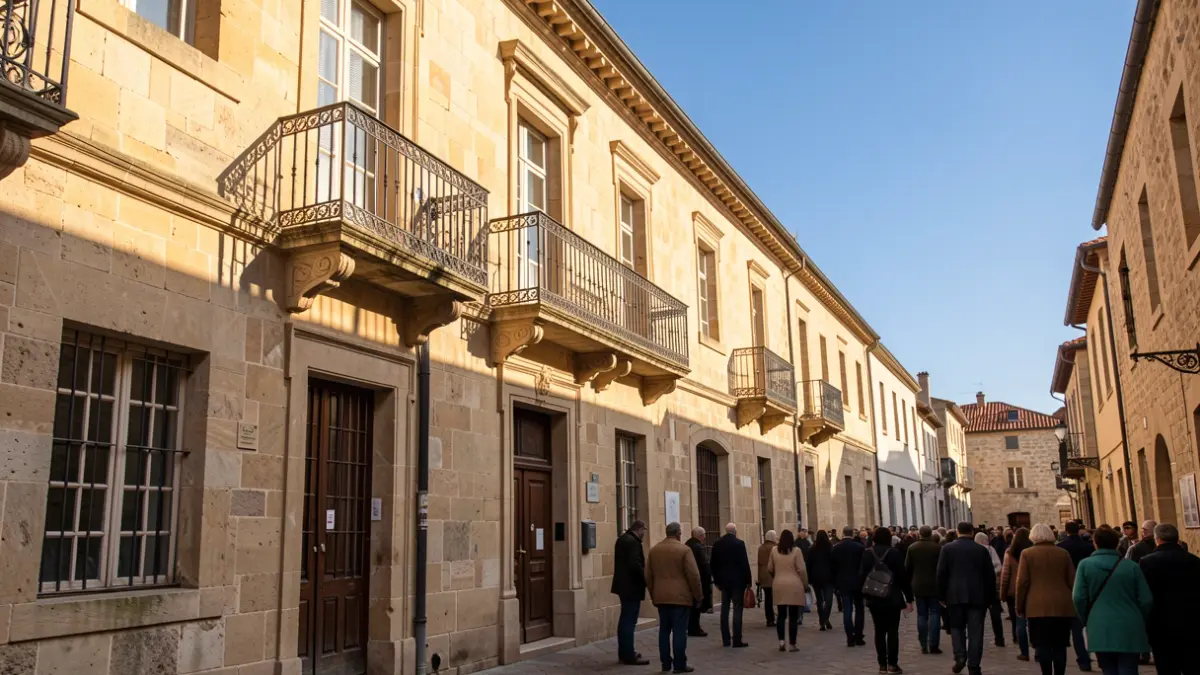 Fachada dun edificio administrativo municipal con arquitectura de pedra.