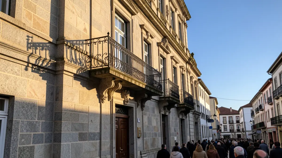 Imaxe xenérica dun concello de granito galego con balcón de ferro e luz solar.