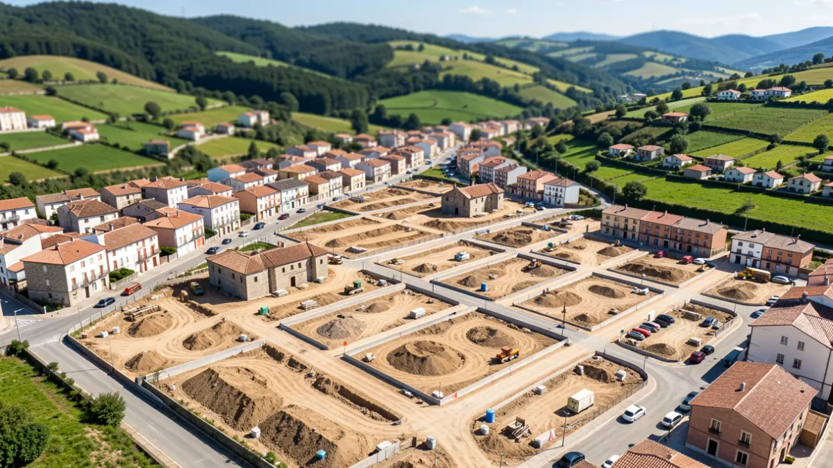 Vista aérea de un nuevo barrio en desarrollo en Galicia con edificios protegidos.