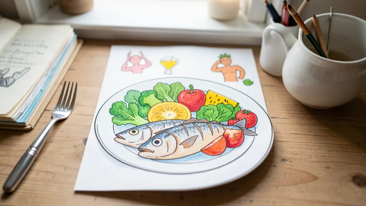 Debuxo dun neno dunha comida saudable con peixe, froitas e verduras.