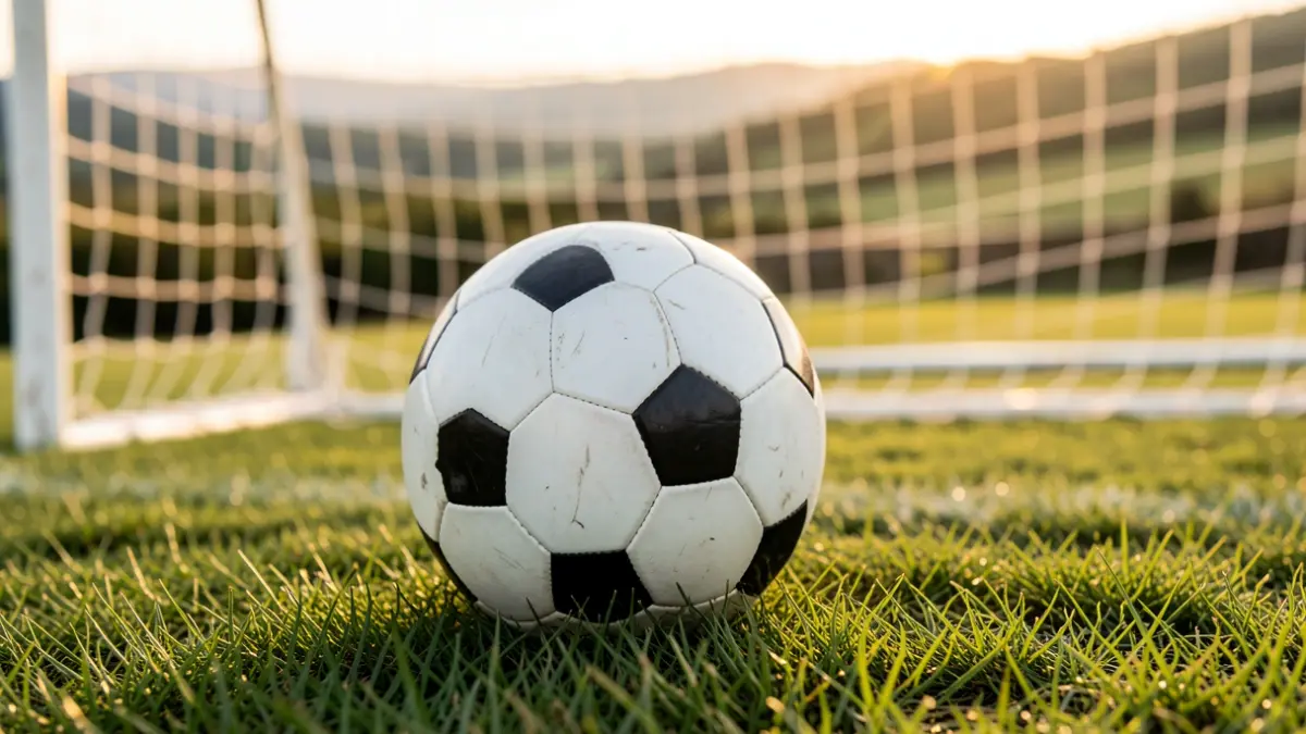 Imaxe xenérica dun balón de fútbol sobre herba cunha portería desenfocada ao fondo.