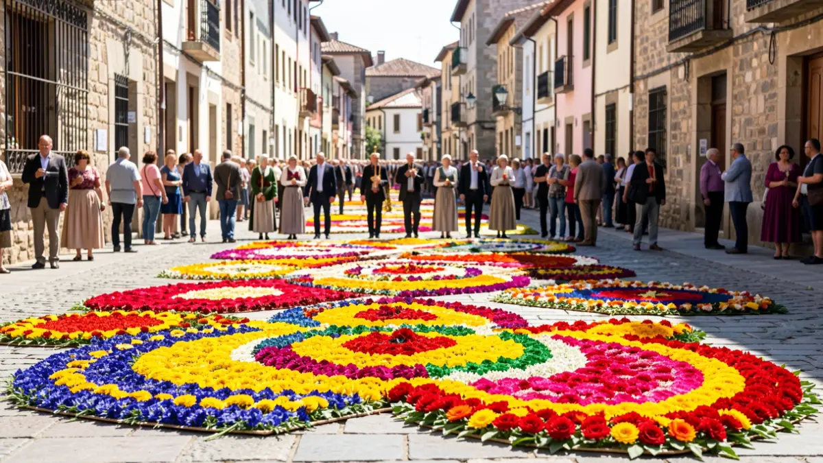 Imaxe xenérica de alfombras florais e procesións do Corpus Christi en Galicia.