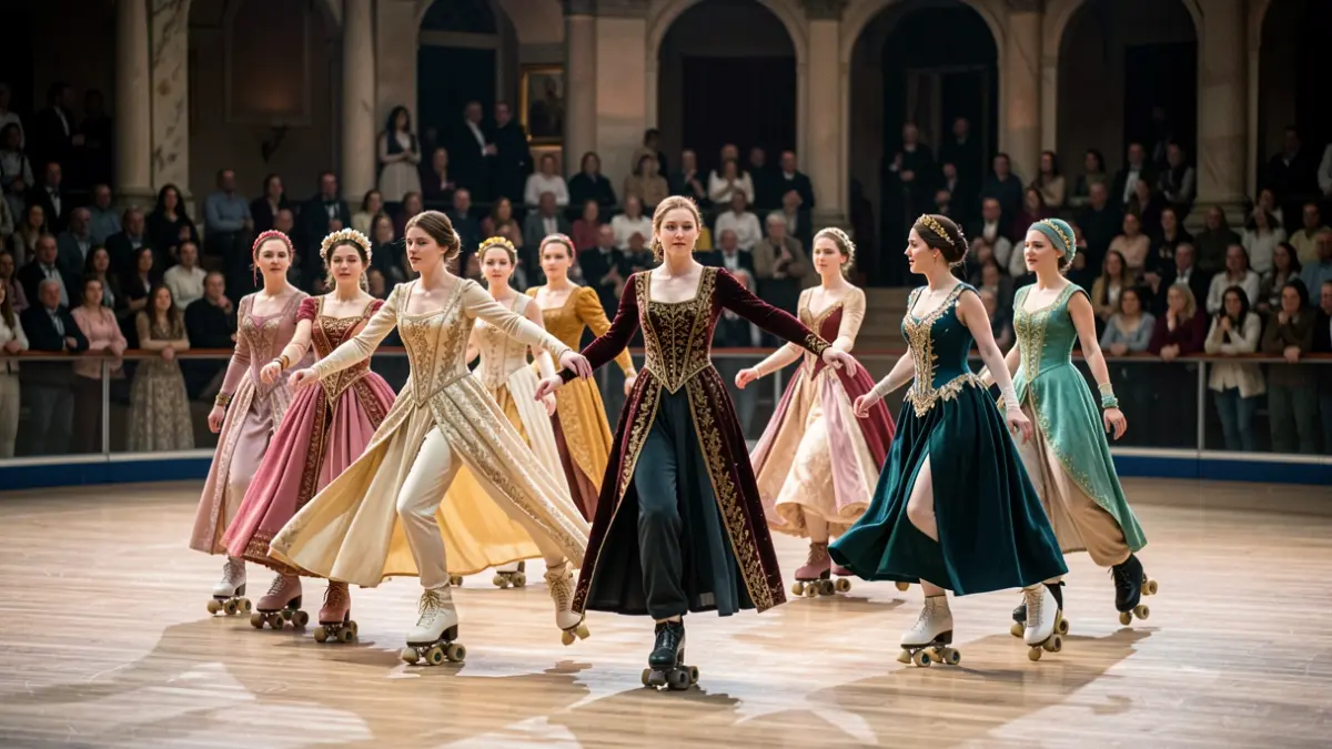 Imaxe dun grupo de patinadoras artísticas realizando unha rutina sincronizada cunha coreografía inspirada en Penélope.