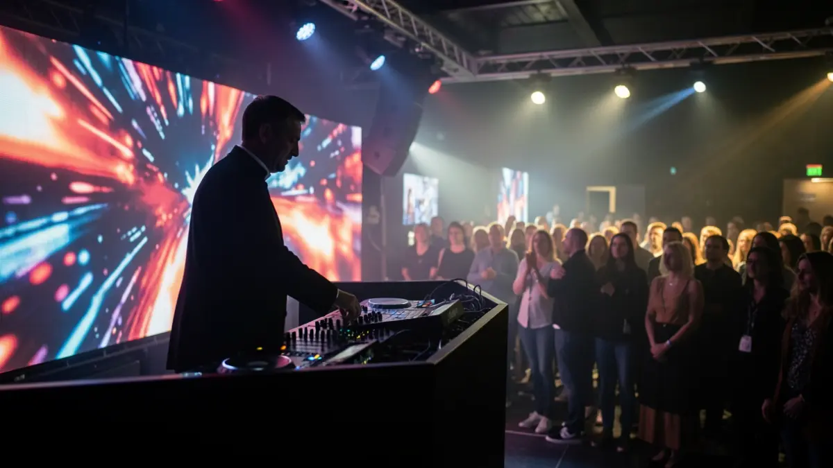 Imaxe xenérica dunha sala de música electrónica con silueta dun DJ con alzacuellos.