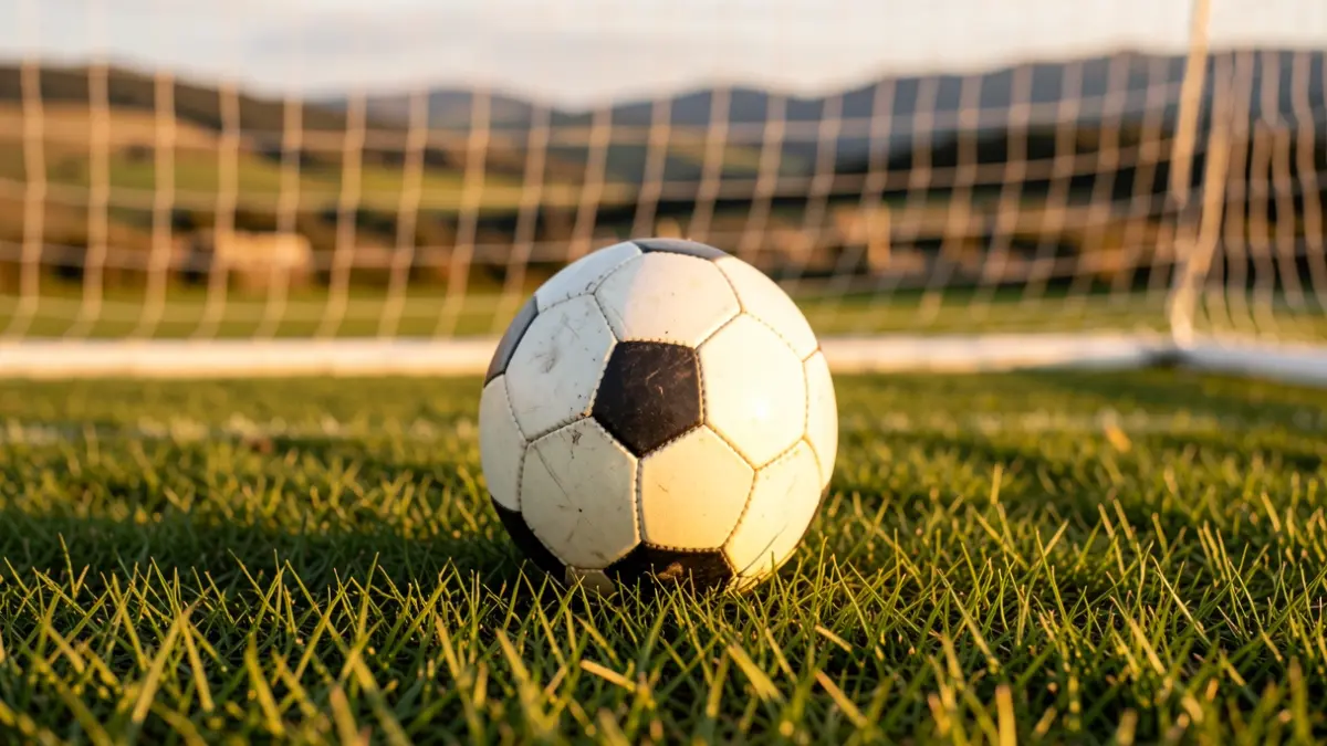 Imagen genérica de un balón de fútbol sobre césped con una red borrosa al fondo.