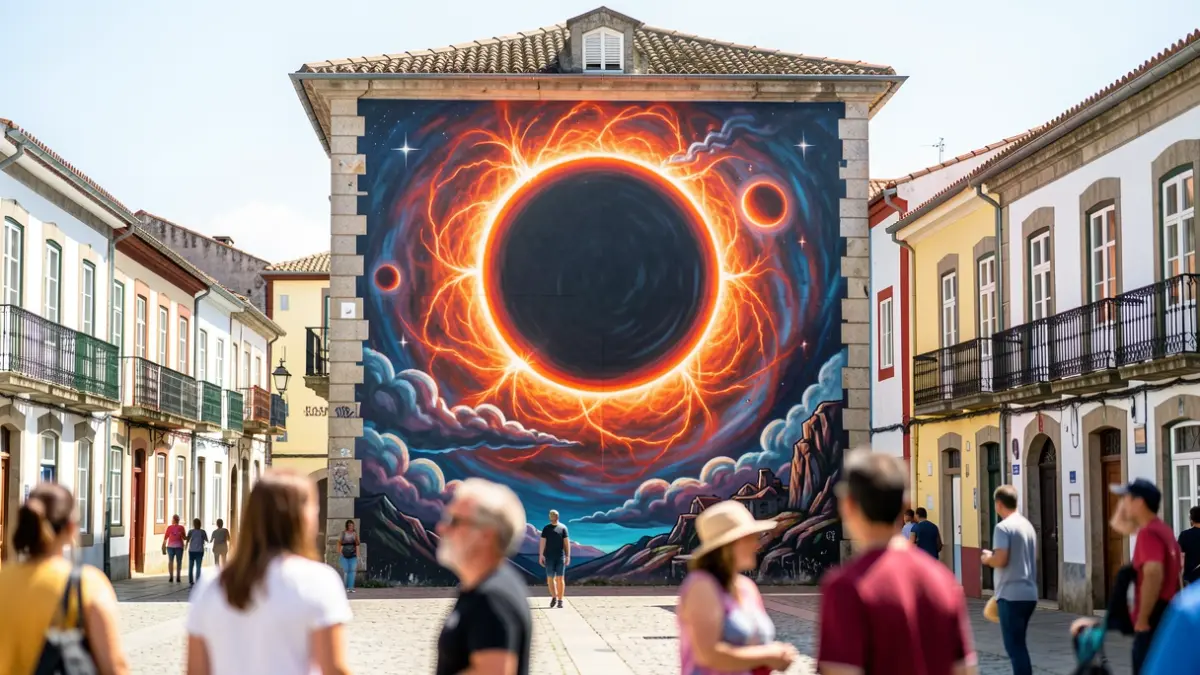 Imagen de un mural de un eclipse solar pintado en la fachada de un edificio en Vigo.