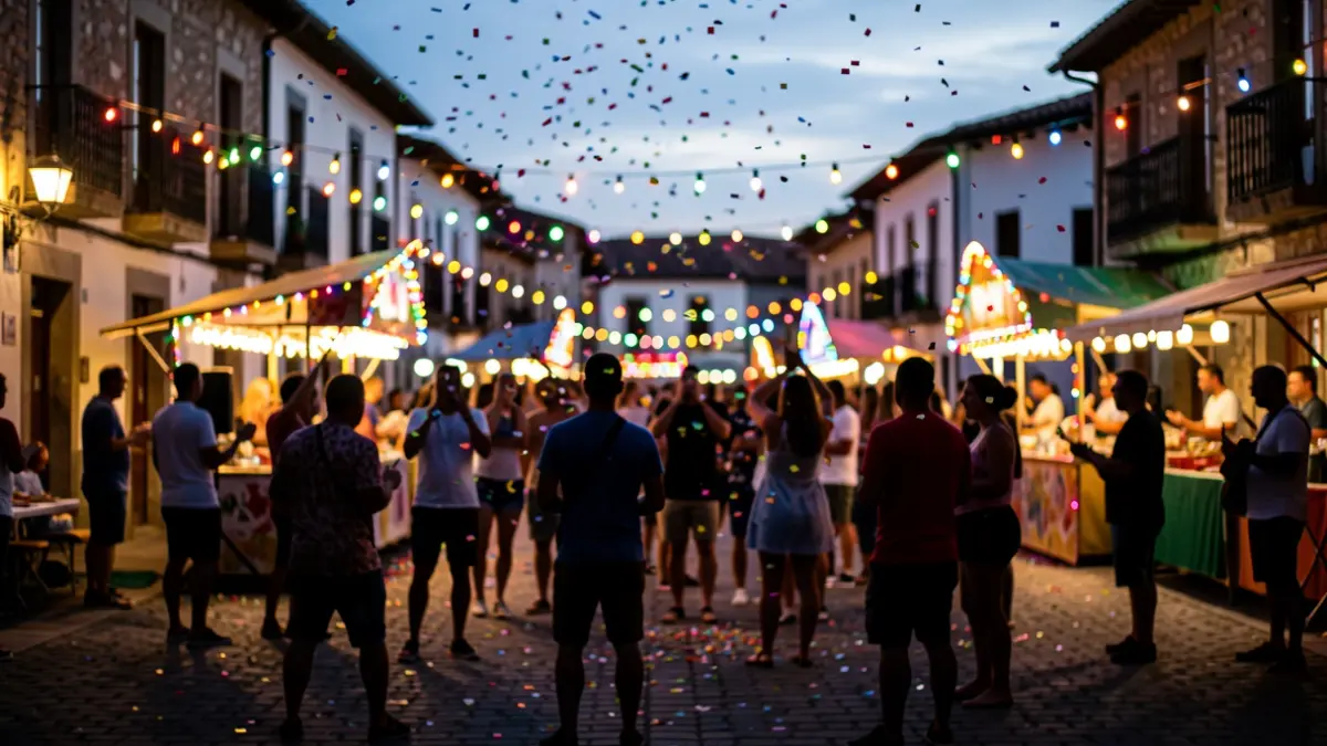 Imaxe xenérica dunha festa de entroido de verán con luces de cores e confeti.