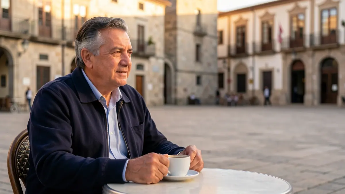 Imaxe xenérica dun escritor cubano nunha praza histórica de Ourense.