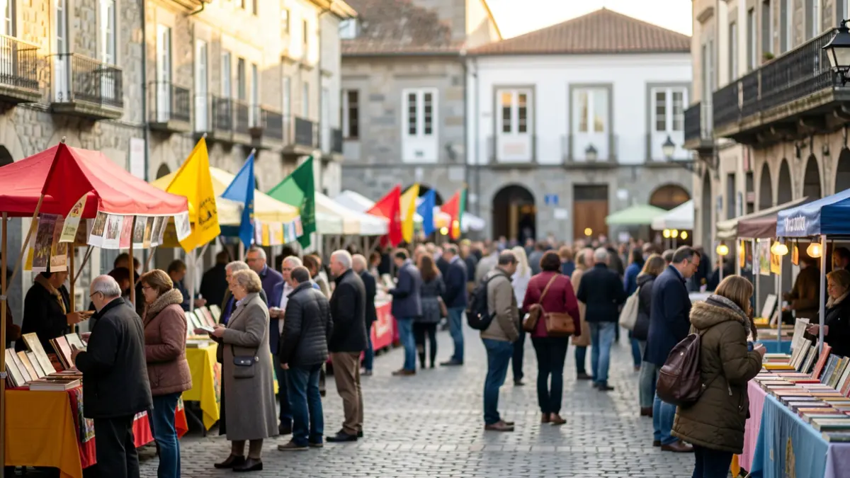 Imaxe xenérica dun festival literario nunha praza galega con xente e edificios de granito.