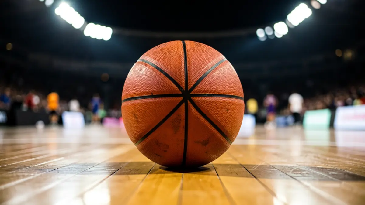 Imaxe xenérica dun balón de baloncesto sobre unha pista de madeira.