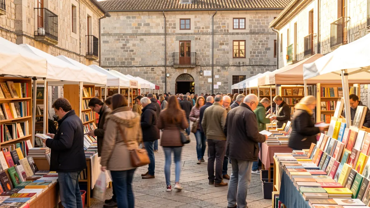 Imaxe xenérica dun festival literario en Galicia con postos de libros e xente.